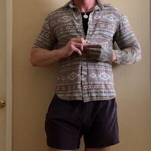 Tan y2k indie collared graphic tee tribal skater shortsleeve shirt button up top